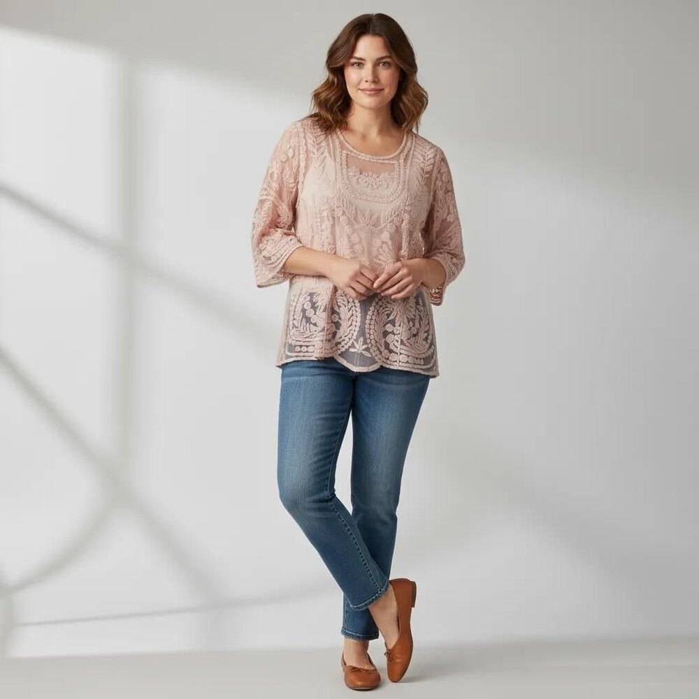 Ultra Pink Light Pink Lace Embroidered Floral 3/4 Sleeve Blouse Women's Size 1X - Picture 1 of 10